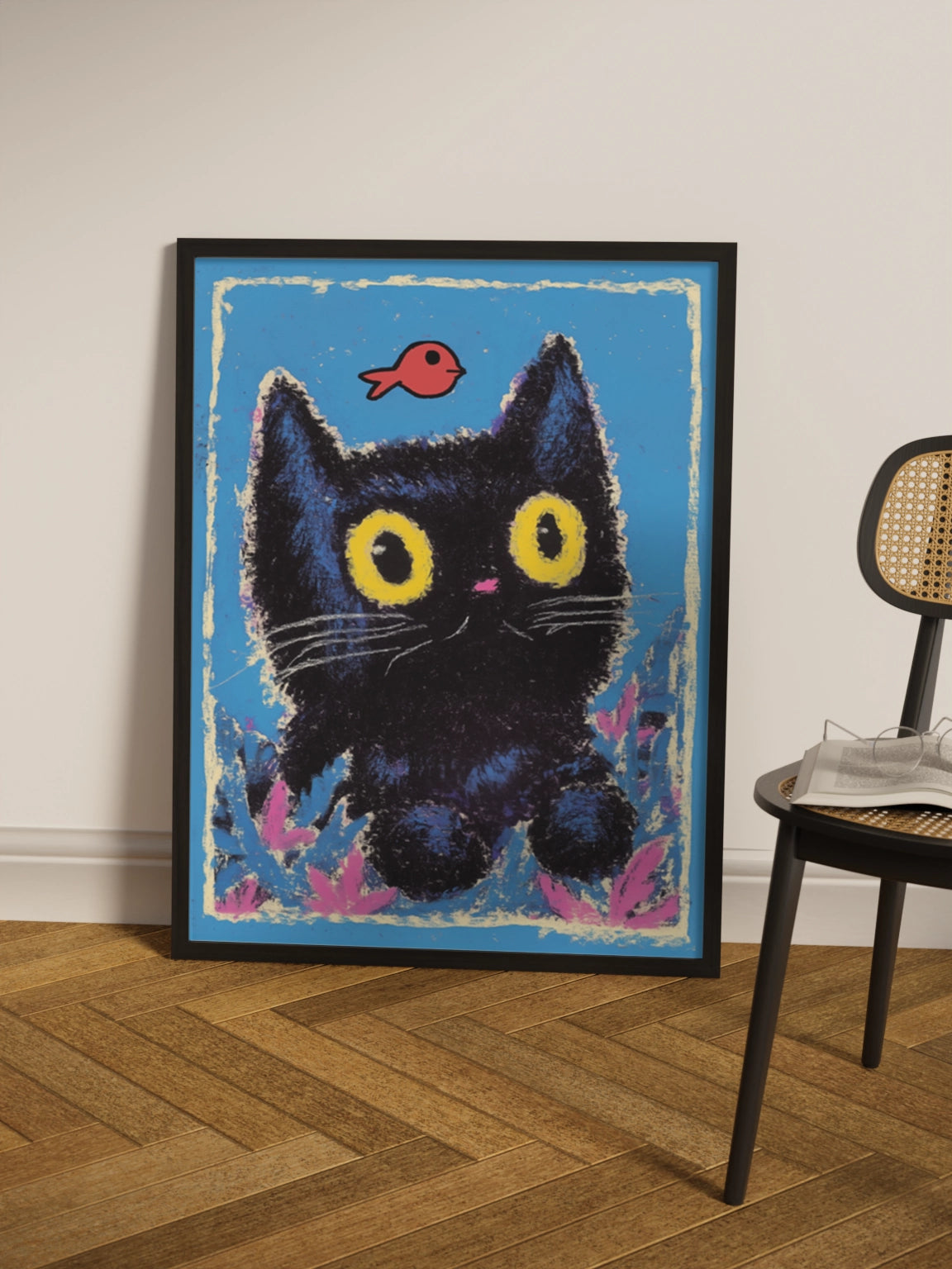 Друк Картина Чорна Киця та Рибка