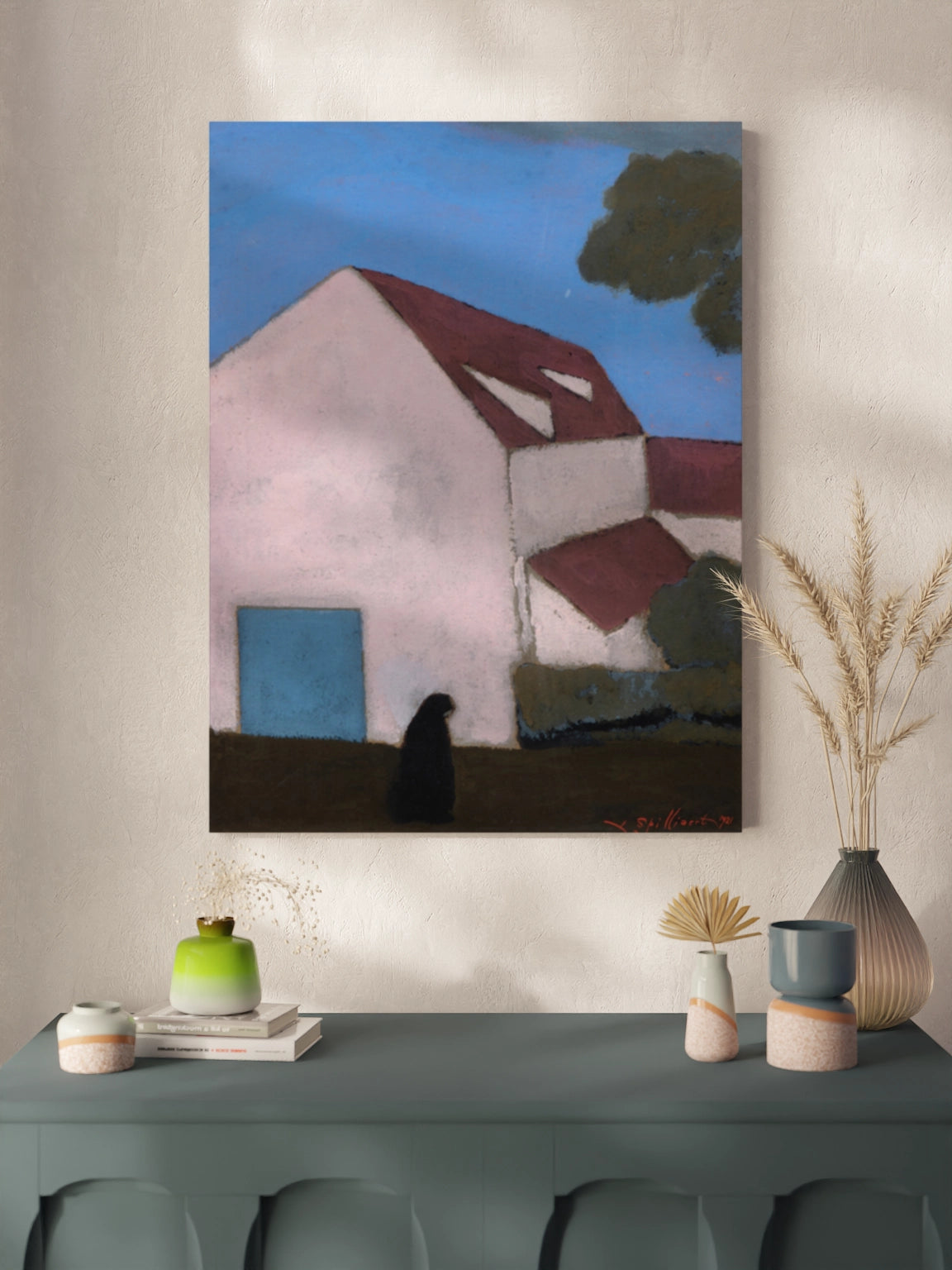Друкована Картина "Ферма з рожевим фасадом, силует жінки"