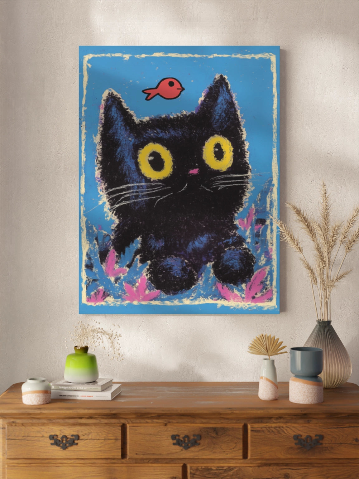 Друк Картина Чорна Киця та Рибка