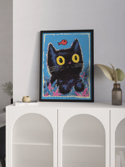 Друк Картина Чорна Киця та Рибка