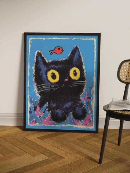 Друк Картина Чорна Киця та Рибка