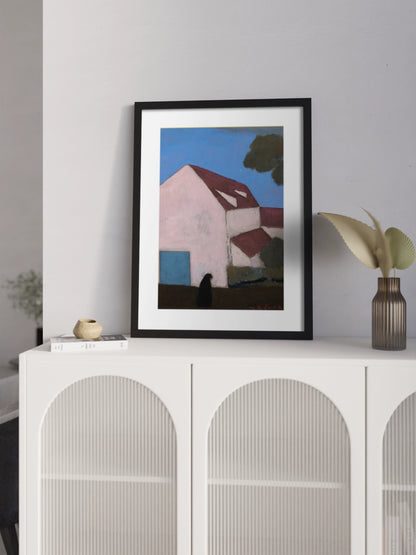 Друкована Картина "Ферма з рожевим фасадом, силует жінки"